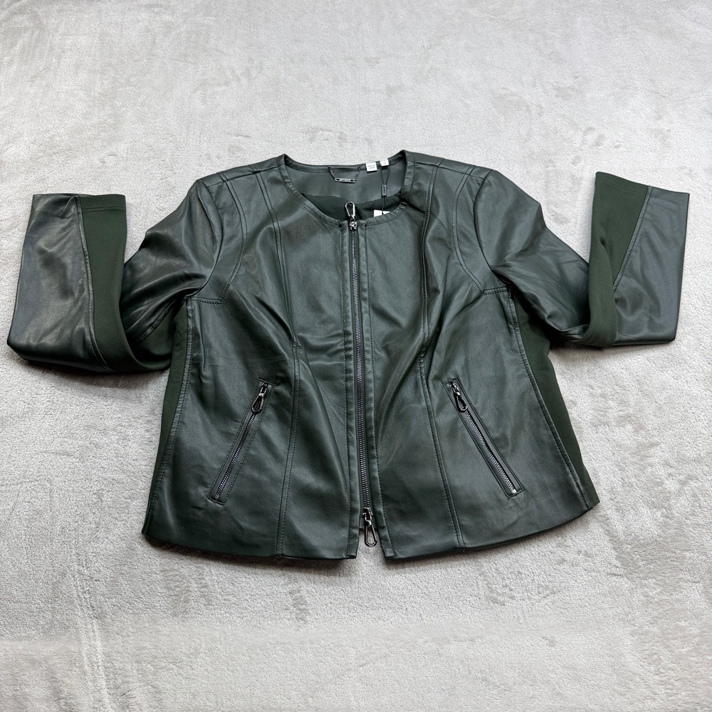 Chico's Moto Faux Leather Knit Jacket Women 1.5 US 10 Dark Green Edgy Chic Biker